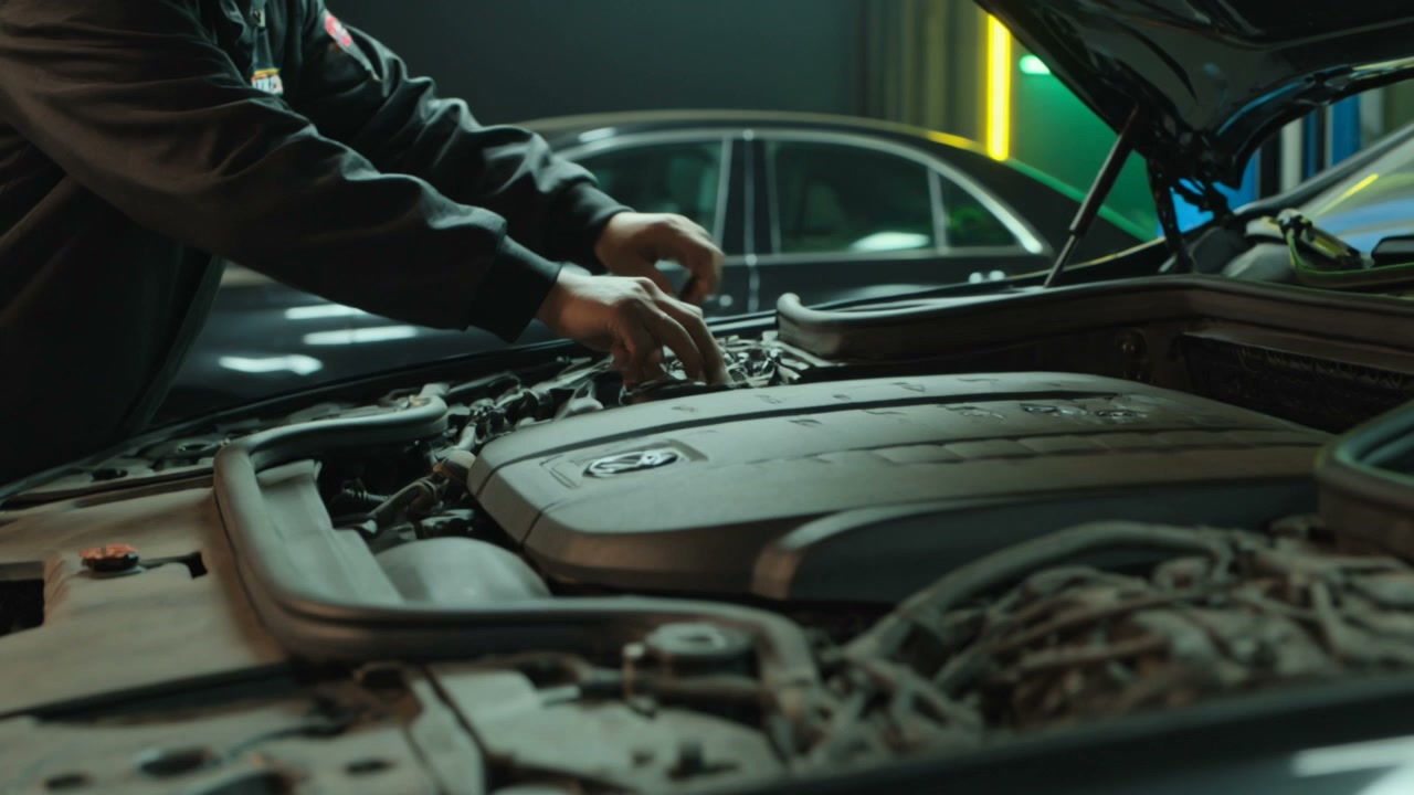 Dimly lit workshop bay at KH Kinetics Autocare at night, teal work lights over a car on the lift